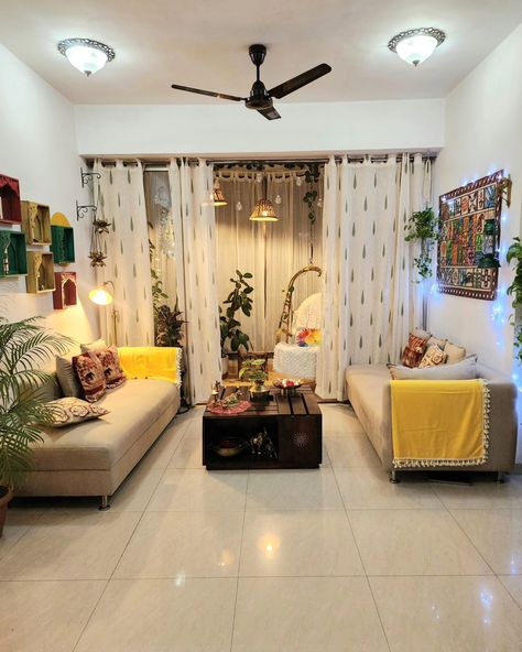 Long........ weekend 🏡❤️✨️ Balcony curtain @ikea.india Loving room curtains and yellow throw @urbanspacestore.in Coffee table . Floor lamp . White throw @amazonhomeindia Wall decor @pepperfry_official Lotus hanging . Elephant show piece @homecentreindia Cushion covers @indiacircus Beaded placemat @sajjadecor Brass nandi @mypoojabox Urli @behomaindia Indian homedecor .. Interiorideas. Living room .plants. brassdecor #indianhome #indianhomedecor #homedecor #decorideas #houseplants... Indian Drawing Room, Ikea India, Lotus Hanging, Living Room Indian, Balcony Curtains, Room Plants, Floor Lamp White, Living Room Decor Indian, Indian Living Room