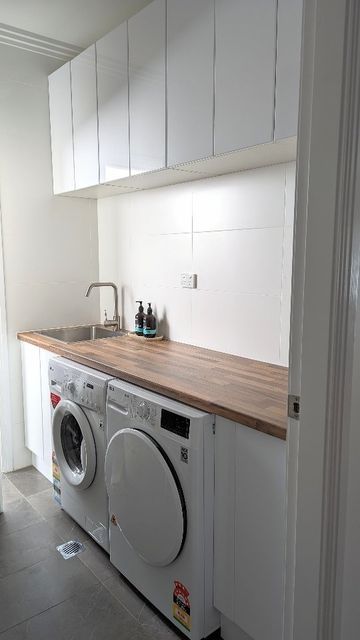 Laundry room DIY project, laundry makeover on a budget Wood Benchtop Laundry, Laundry Benchtop, Bunnings Laundry, Wood Benchtop, Timber Benchtop, Simple Laundry, Laundry Makeover, Budget Makeover, Laundry Design