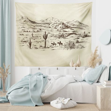 ABAKUHAUS American Tapestry, Wild West Cowboys Made of Soft Microfibre Fabric, Washable without Fading, Digital Print, 150 x 110 cm, Black Beige : Amazon.de: Home & Kitchen Wild West Landscape, Cowboys On Horses, Western Tapestry, Mountains Desert, Living Room Dorm, Fabric Wall Hanging, Desert Plants, Landscape Illustration, Wild West