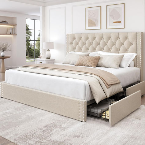 Platform Bed Frame with 4 Storage Drawers and Headboard Linen Upholstered Bed Frame Tufted Beds with Tufted Beds, Linen Upholstered Bed, King Size Platform Bed, Tufted Bed, Upholstered Bed Frame, Upholstered Bed, Platform Bed Frame, Bedroom Furniture Sets, Bedroom Aesthetic