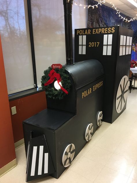 Polar Express train DIY Polar Express Cardboard Train, Polar Express Display, Train Out Of Boxes, Polar Express Trunk Or Treat, Polar Express Train Diy, Cardboard Train Diy, Polar Express Train Cardboard, Diy Polar Express Train, Christmas Train Diy