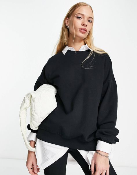 Black Sweatshirt Outfit, Crewneck Sweatshirt Outfit, Oversized Sweatshirt Outfit, Sweatshirt With Collar, Black Hoodie Women, Sweatshirt Fabric, Sweatshirt Outfit, Blue Sweatshirt, Women Hoodies Sweatshirts