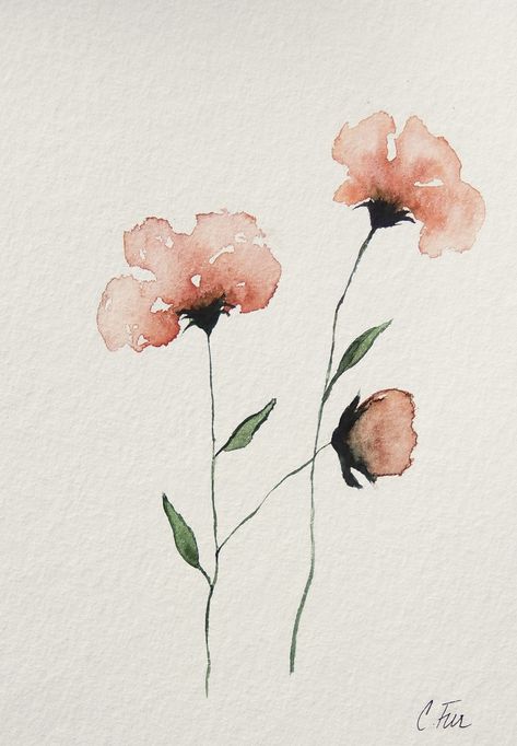 Simple Flower Drawing Watercolor, Watercolor Flower Sketch, Acvarel Painting Flower, One Color Watercolor Painting, Beginner Painting Ideas Easy Simple Watercolor, Simple Floral Watercolor, Easy Watercolor Flowers For Beginners, Minimalist Flower Painting, Simple Watercolor Flowers