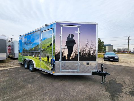 This 8.5’x20′ vending trailer was custom built for American Canyon to use as a Trailside Learning Center. With 2 large flip-up vending windows and a beautiful graphic wrap, this trailer will help educate youth and adult visitors to Napa County. Vending Trailer, Generator Box, Food Trailers, Custom Trailers, Experiential Marketing, Aluminum Roof, Linoleum Flooring, Dutch Door, Trailers For Sale