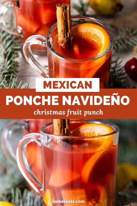 Mexican Ponche is a warm and comforting fruit punch made with apples, pears, oranges and guavas and spiced with cinnamon, cloves, tamarind and hibiscus typically served at Christmas time. Mexican Ponche Recipe Easy, Christmas Ponche Recipe, Mexican Christmas Cocktails, Mexican New Years Food, Mexican Drinks Non Alcoholic, Mexican Punch Recipe, Ponche Recipe, Mexican Punch, Mexican Beverages