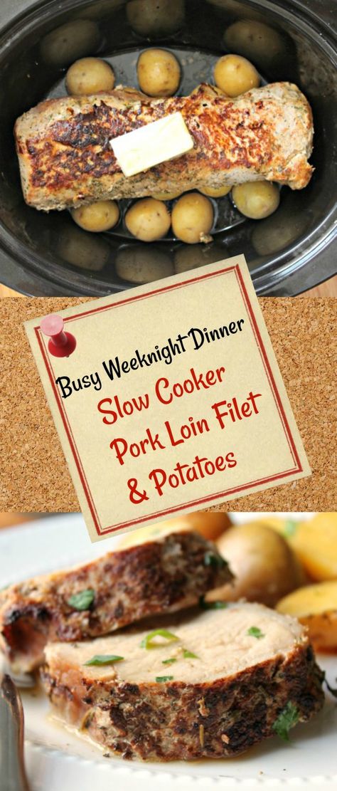 Slow Cooker Pork Loin Filet and Potatoes - An entire dinner made easy in a slow cooker for those busy weeknights. AD Crockpot Porkloin Dinner, Pork Loin Recipes Crockpot With Potatoes, Crock Pot Pork Loin And Potatoes, Tenderloin Recipes Slow Cooker, Marinated Pork Loin In Crock Pot, Boneless Pork Loin In Crockpot, Pork Loin In Crockpot With Potatoes, Pork Loin Potatoes Crock Pot, Pork Loin Crock Pot Recipes Teriyaki