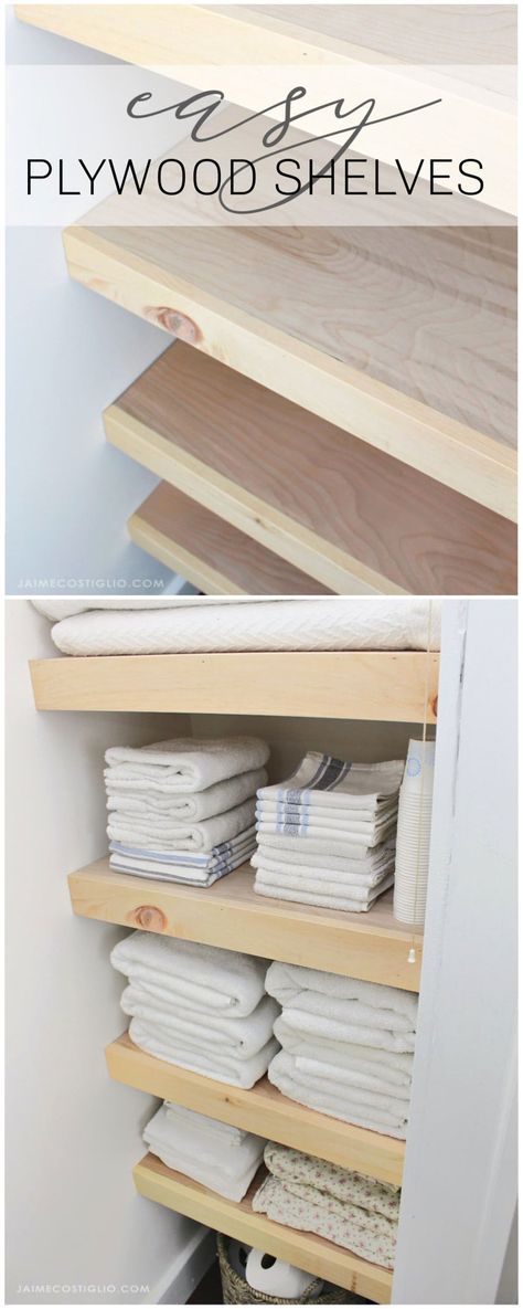 A DIY tutorial for making easy and pretty plywood shelves for your linen closet. Make your closet organized, functional and user friendly with shelves. Plywood Closet Shelves, Shelves Inside Closet, Large Bathroom Linen Closet, Closet Wood Shelves, Diy Linen Closet Shelves, Plywood Shelving, Linen Closet Diy, Diy Plywood Projects, Hall Closet Wood Shelves