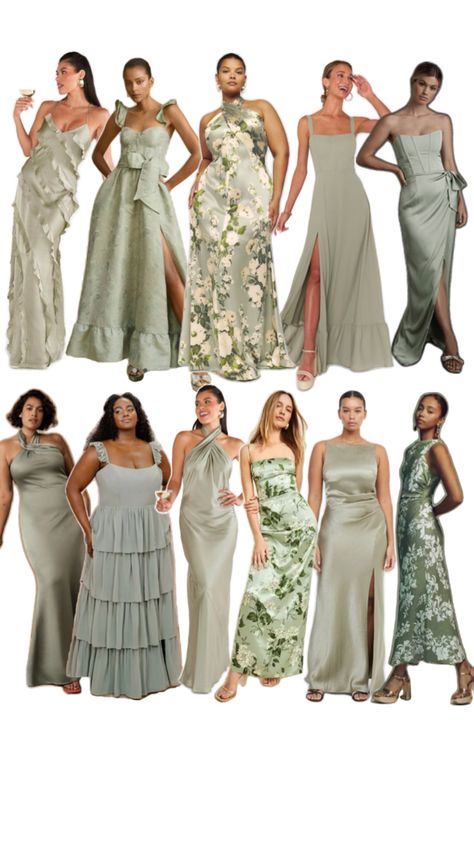 Enchanted Forest Wedding Dress Bridesmaid, Castle Bridesmaid Dresses, Varied Green Bridesmaid Dresses, Sage Green Mix And Match Bridesmaids, Unique Bridesmaid Dresses Classy, Mixed Bridesmaid Dresses Spring, Sage Bridesmaid Dresses Mismatched, Pastel Green Bridesmaid Dress, Mismatched Bridesmaid Dresses Spring