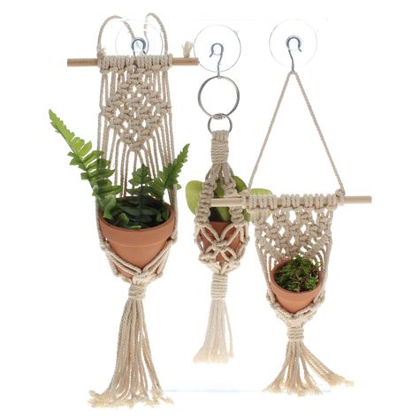 Buy the Leisure Arts® Mini Planter Macramé Kit at Michaels. com. Leisure Arts Macramé Kits contain everything you need to create your project unless otherwise stated. Leisure Arts Macramé Kits contain everything you need to create your project unless otherwise stated. Add style and fun to your décor with this fun, macramé, plant hanger project set. Includes materials to create three mini macramé plant hangers: natural macramé cord, 3 suction cups, 2 wooden dowels, a metal ring and step-by-step i Mini Macrame Pot Hanger Diy, Mini Plant Hanger Macrame, Mini Macrame Plant Hanger, Hanger Diy, Balcony Plants, Mini Macrame, Pot Hanger, Mini Plants, Plant Hangers