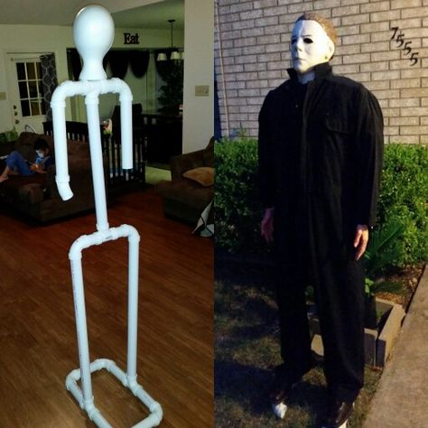 Halloween body frame - pvc pipes Michael Myers                                                                                                                                                                                 More Läskig Halloween, Diy Halloween Dekoration, Makeup Zombie, Michaels Halloween, Dekorasi Halloween, Scary Halloween Decorations Outdoor, Halloween Party Decor Diy, Halloween Diy Outdoor, Halloween Outside