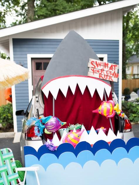 Or,  Win at Trunk-or-Treat Shark Week Trunk Or Treat, Shark Theme Trunk Or Treat, Jaws Halloween Decorations, Shark Trunk Or Treat Ideas For Cars, Jaws Trunk Or Treat Ideas, Trunk Ideas, Trunk Or Treat Ideas, Spooky Spiders, Treat Ideas