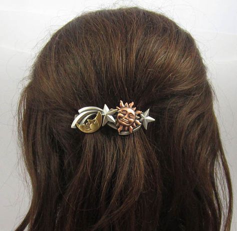 The Sun the Moon and the Star, its all here in this simply Heavenly 60mm Genuine French Barrette.  Four brass Celestial stampings are soldered together and atop the Genuine 70mm French Barrette Clip to create an out of this world Hair Accessory. A thick anti-tarnishing plate is professionally plated, oxidized to bring out the intricate detail in each piece, hand satined and lacquered to further insure this will never tarnish. No special care is required. Amazingly lightweight.  The mixed meta... World Hair, Vintage Hair Clips, French Clip, Jewelry Hair, French Barrette, Celestial Jewelry, Jewelry Lookbook, Silver Lockets, Barrette Clip