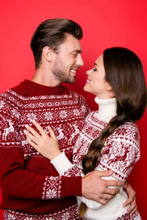 Christmas Sweaters You’ll Totally Want To Wear This Year ★ Ugly Sweater Pareja, Matching Christmas Sweaters Couples, Christmas Couple Outfits, Couples Christmas Outfits, Couple Christmas Sweaters, Couple Christmas Photoshoot, Couple Pajamas Christmas, Couple Sweaters, Christmas Photoshoot Ideas