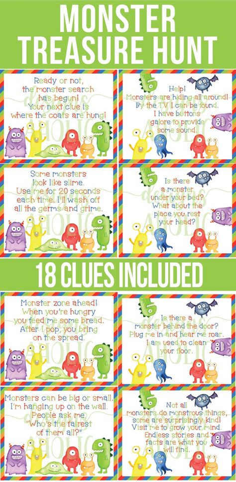 Do you have a monster lover or are you planning a monster themed party? This monster themed treasure hunt is sure to be a hit! Send your monster lovers searching 🔍 all around the 🏠 with these clever clues. Hide a gift with each clue or just at the very end. Includes 18 typed clues & instructions. Monster Scavenger Hunt, Monster Phonics, Monster Party Games, Treasure Hunt Birthday, Monster Lover, Monster Hunt, Monster Inc Birthday, Treasure Hunt Clues, Treasure Hunts