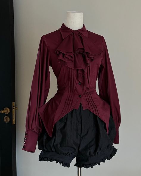 🛍️Gothic long sleeves shirt with pleating details in 3 colors& waistcoat with bat wings hemline design in 2 colors. 👉Search 'FLFYD-009' on devilinspired.com #devilinspired #gothic #gothicfashion #lolitafasion #lolitacoord #gothicshirt #waistcoat Dark Red Clothes Aesthetic, Vampire Outfits, Vampire Outfit, Estilo Emo, Vampire Clothes, Gothic Elegance, German Outfit, Future Clothes, Vintage Outfit