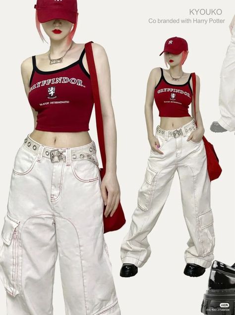 Red Acubi Fashion, 200s Style Outfits, Red Acubi Outfit, Y2k Red Outfit, Red Y2k Outfit, Y2k Outfits, Red Outfit, Character Outfits, Lookbook Outfits