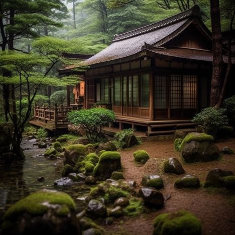 Secluded house in forest Japanese House In Forest, Japan Forest Aesthetic, Japanese Forest House, Japanese Cottage House, Small Japanese House Exterior, House In The Middle Of The Forest, Japanese House Aesthetic, Japanese Mountain House, Traditional Japanese House Exterior