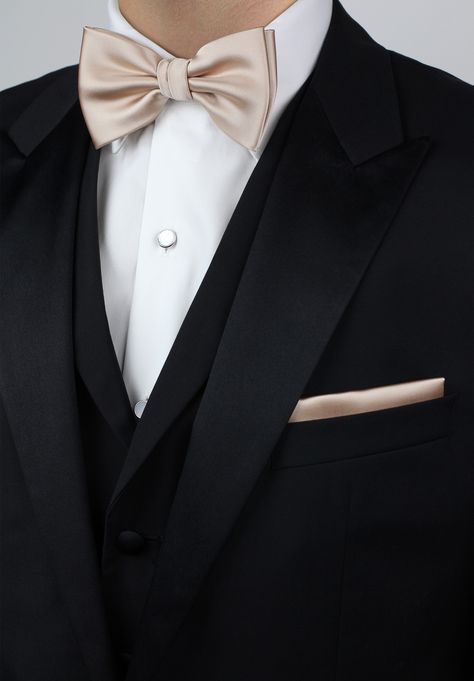 Classic tuxedo with champagne bow tie and pocket square Champagne Tux, Quinceanera Champagne, Black Suit White Shirt, Champagne Bow Tie, Rhodes Wedding, Champagne Tie, Groom And Groomsmen Suits, Vest And Bow Tie, Tie Ideas