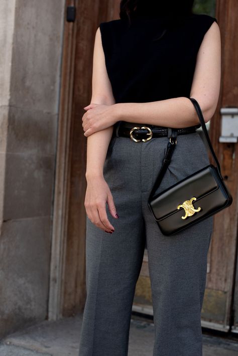 Celine Shoulder Bag Outfit, Designer Mini Bags, Celine Triomphe Bag Outfit, Triomphe Celine, Tas Celine, Celine Triomphe Shoulder Bag, Celine Triomphe Bag, Mango Trousers, Shoulder Bag Outfit