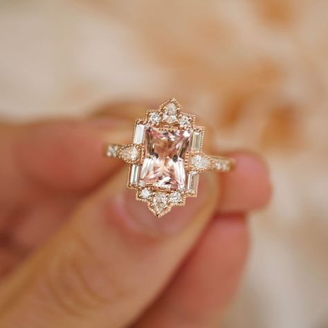 Art Deco Radiant Cut Morganite Engagement Ring | Berlinger Jewelry White Gold Ring With Yellow Gold Band, Aquamarine Engagement Ring Art Deco, Engagement Morganite Ring, Vintage Yellow Gold Wedding Ring, Ballerina Style Engagement Ring, Deco Emerald Cut Engagement Ring, Radiant Vintage Engagement Ring, Antique Emerald Cut Engagement Ring, Engagement Rings Precious Stones