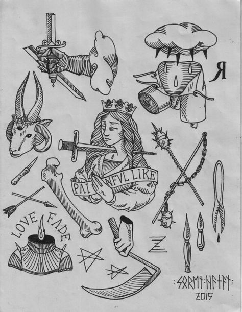 Occult Tattoo Flash, Medieval Tattoo Flash, Creepy Traditional Tattoo Flash, Cliff Raven Tattoo Flash, Cabin Tattoo, Midevil Woodcut Tattoos, Tattoo Christian, Russian Tattoo, Engraving Tattoo