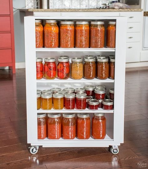 Canning Mason Jars Storage Rolling Rack on Wheels Project | The Homestead Survival Canning Jar Storage, Diy Slides, Diy Kitchen Shelves, Mason Jar Storage, Diy Storage Shelves, Kitchen Storage Hacks, Kitchen Design Diy, Kitchen Organization Diy, Kitchen Jars