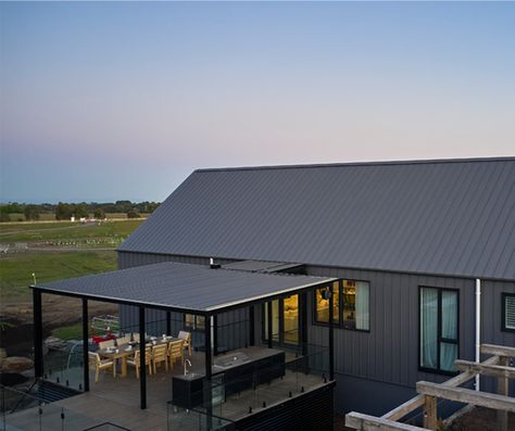 Colourbond Monument Exterior, Shed Attached To House, Colorbond Basalt, Colorbond House, Architectural Cladding, The Block 2022, Farm House Plans, Colorbond Roof, Macedon Ranges