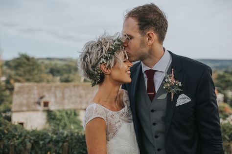 Pixie Bride, Blue Lace Dresses, Castle Images, Pixie Wedding Hair, Short Hair Bride, Pixie Crop, Beautiful Ruins, Forehead Kisses, Stella York