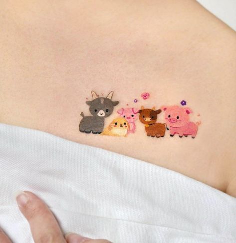 Minimal tattoo/ colors tattoo/ animal tattoo🐰🐤🐢🐻🐷🐇🐈 Color Mini Tattoo, Farm Tattoo Ideas, Minimal Animal Tattoo, Farm Tattoo, Tattoo Colors, Tats Ideas, Pig Tattoo, Minimal Tattoos, Tattoo Animal