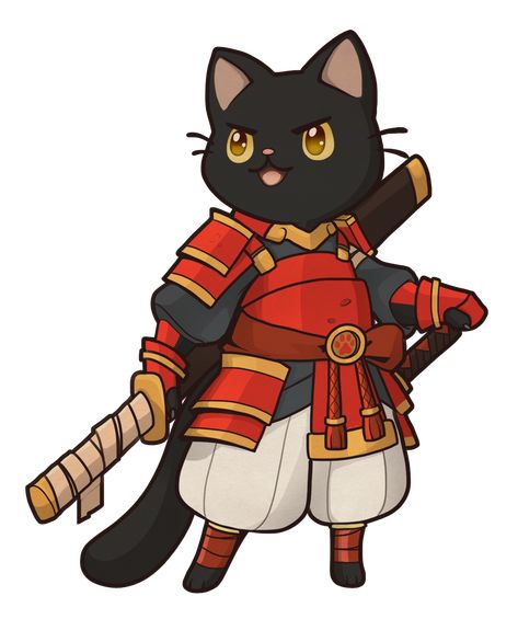 Samurai Cat Art, Samurai Illustration Art, Samurai Chibi, Cat Character Illustration, Animal Samurai, Samurai Cartoon, Samurai Animal, Cat Character Design, Cat Samurai