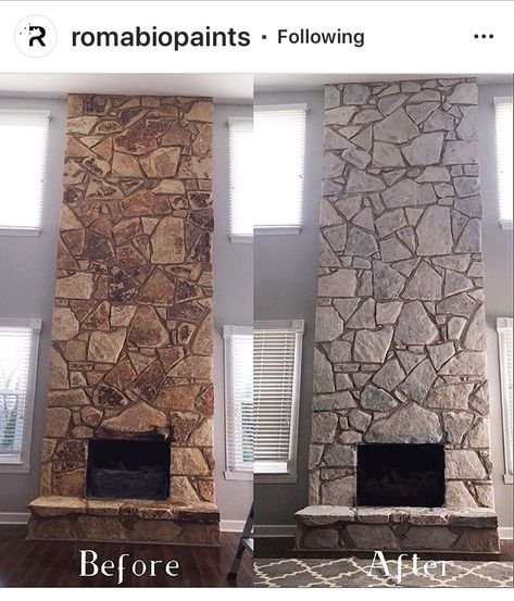 Redo Fireplace, Painted Rock Fireplaces, Stone Fireplace Remodel, Whitewash Stone Fireplace, Fireplace Transformation, Painted Stone Fireplace, Stone Fireplace Makeover, Rock Fireplace, Fireplace Redo