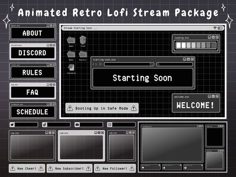 twitch overlay templates black twitch banner ideas Twitch Overlay Stream Package Black & White Retro Overlay, Twitch Layout, Windows Aesthetic, Youtube Stream, Aesthetic Animated, Templates Black, Windows Themes, Animated Twitch Overlay, Animated Overlay