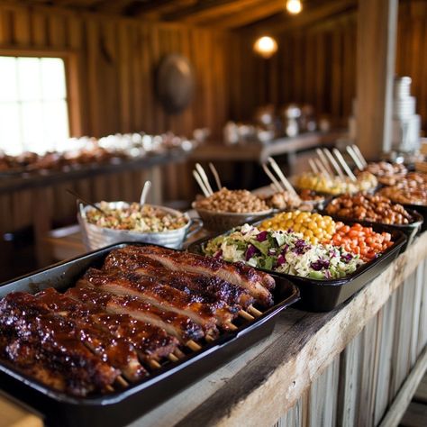 Delicious Barn Wedding Food and Drink Ideas: Ultimate Guide & Tips for a Memorable Menu - Yeah Weddings Bbq Wedding Table Setting, Biscuits And Gravy Bar Wedding, Country Wedding Dinner, Hot Dogs Wedding, Barbecue Wedding Reception Food, Low Budget Wedding Food, Classy Country Party, Country Party Food, Bbq Buffet Wedding