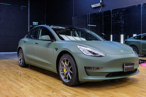 Wrapped Tesla Model 3, Tesla Model 3 Wrap, Green Tesla, Tesla Wrap, Car Wraps, Car Wrap Design, Matte Green, Green Wrap, Tesla Car