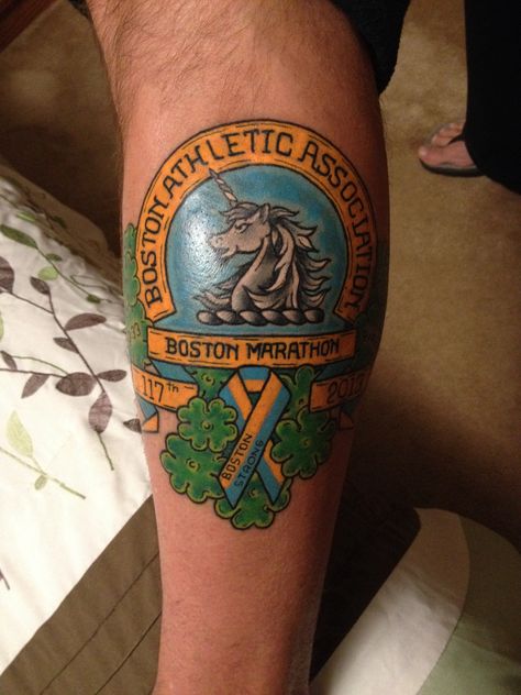 Boston Marathon Unicorn Tattoo, Boston Marathon Tattoo, Marathon Tattoo, Runner Tattoo, Boston Tattoo, Places In Boston, Husband Tattoo, Running Tattoo, Unicorn Tattoo