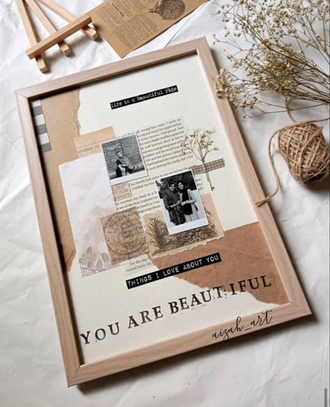 Collage Gift Ideas For Boyfriend, Diy Frame Gift, Aesthetic Photo Frame Gift, Decorated Notebooks Cover Aesthetic, Scrapbook Photo Frame, Photo Collage Ideas Gift, Collage Ideas Projects, Aesthetic Photo Frames, Photo Collage Gift Ideas