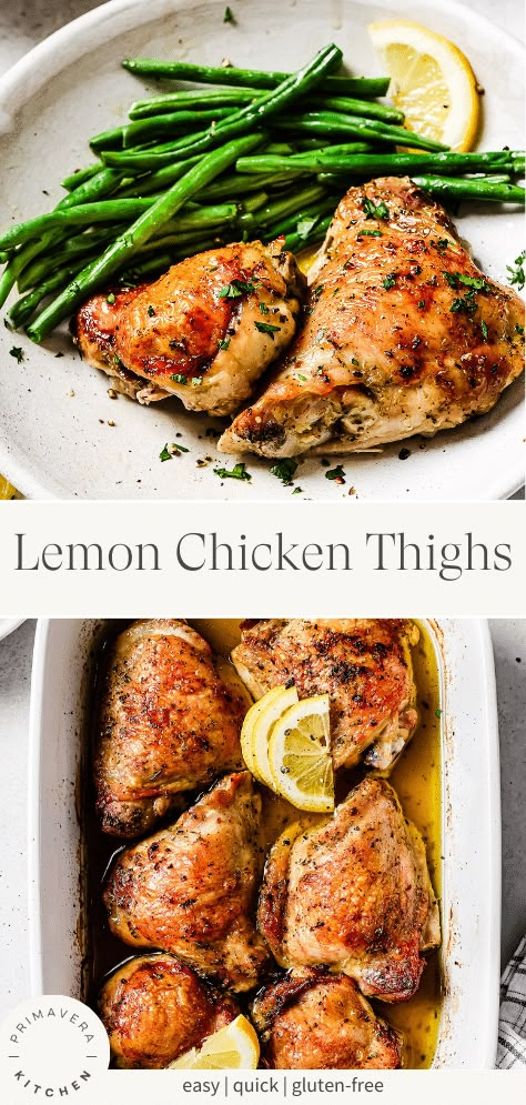 Give your usual chicken dinner an upgrade with these Lemon Chicken Thighs! Made with just 4simple ingredients, the marinade is beyond delicious and makes the chicken SO juicy and tender. They'll be a new favorite in your dinner rotation! Pan Seared Chicken Thighs, Chicken Thighs Dinner, Lemon Chicken Thighs, Slow Cooker Chicken Thighs, Greek Chicken Salad, Winter Dinner Recipes, Delicious Chicken Dinners, Chicken Thigh Recipes Baked, Baked Chicken Thighs