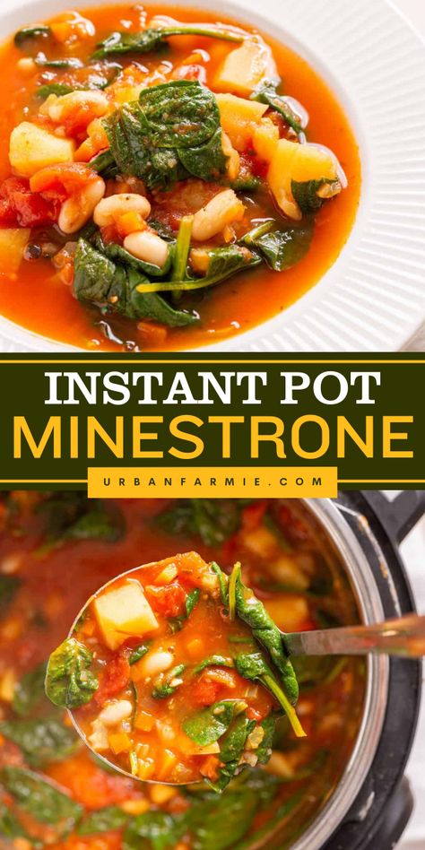 Easy to make fall comfort food for dinner! This Instant Pot Minestrone recipe is packed with hearty veggies, beans, and Italian seasonings, and is ready in 30 minutes. Make this fall soup recipe perfect for a quick and nutritious vegetarian meal! Healthy Fall Soups Vegetarian, Instapot Minestrone Soup Recipe, Minestrone Soup Recipe Instant Pot, Minestrone Soup Instant Pot, Instapot Soup Recipes, Minestrone Recipe, Hearty Fall Meal, Instant Pot Minestrone Soup, Instant Pot Vegetable Soup