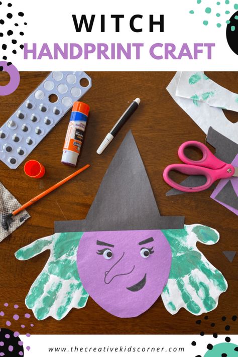 Halloween Crafts Toddlers Preschool, Witch Art For Preschool, Witch Art And Crafts For Kids, Halloween Crafts For Three Year Olds, Halloween Picture Craft, Halloween Hand Crafts, Halloween Handprint Art For Toddlers, Halloween Arts And Crafts For Kids Easy, Bat Crafts Preschool