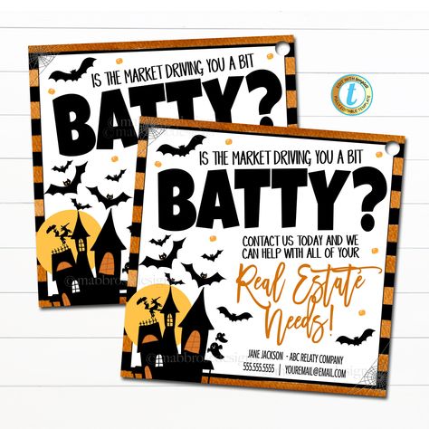 Halloween Real Estate Marketing Pop By Gift Tags - Is the Market Driving You Batty?!  These autumn fall realtor marketing tags are customizable by you - all text is editable so you can make them read whatever you wish for your halloween marketing needs!  Works great for fall customer referrals, open houses and client thank you gifts!  TEMPLATE FORMATTED SIZES: 3.5" x 3.5" (Tag) *print multiple tags (6 per sheet) by going to download - pdf - click on 'save paper' IMPORTANT: This is a DIY self-edi Fall Real Estate Marketing Ideas, Halloween Marketing Ideas, Pop By, Office Marketing, Referral Marketing, Marketing Gift, Realtor Marketing, Tag Print, Open Houses