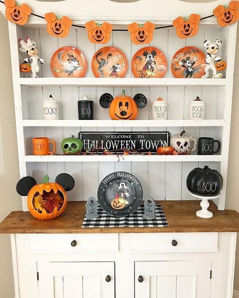 #halloweenhutch on Instagram | Hashtags Diy Hutch, Disney Halloween Decorations, Antique Hutch, Disney Furniture, Hutch Decor, Halloween Baskets, Mickey Mouse Halloween, Mickey Halloween, Disney Kitchen