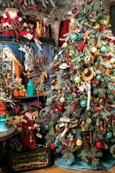 Now here's a cowboy's Christmas tree exploding with rich, vibrant color! Vintage Cowboy Christmas Tree, Cowboy Tree Christmas, Western Vintage Christmas Tree, Bandana Christmas Tree, Cowboy Christmas Trees, Southwestern Christmas Tree, Indian Christmas Tree, Western Christmas Tree Decorations, Southwest Christmas Tree