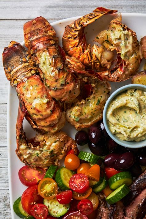 Grilled Lobster Tail and Steak Platter Chimichurri Butter, Grilled Steak Seasoning, Platters Grazing, Steak Platter, Grilled Platter, Stomach Rumbling, Grilled Lobster Tail, Rib Steak, Grilled Lobster