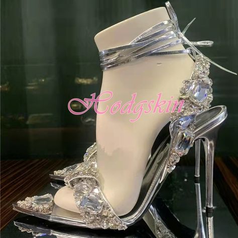 Crystal Gem Pointy Toe Sandals Straps Lace Up Solid Stiletto Heels Slingback Women Sexy Shoes Summer Party Runway Sandals Design Sandals For Prom, High Heels For Prom, Heels Prom, Rhinestone High Heels, Elegant High Heels, Crystal Sandals, Open Toe High Heels, Wrap Heels, Rhinestone Heels