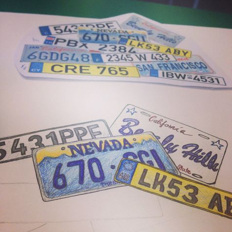 Destinations I've travelled to drawing illustrated by car licence plates. License Plate Graphic Design, Inside Car View Drawing, Driving A Car Drawing, License Plate Illustration, Plate Drawing, Licence Plates, Ontario License Plate, A Level Textiles, Car License Plate