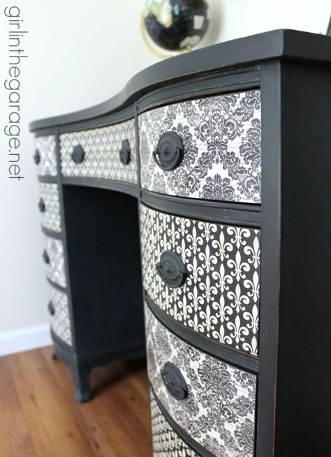 Themed Furniture Makeover Day {decoupage}.  See how I transformed a vintage desk with Chalk Paint, pretty paper, and Mod Podge!  girlinthega... Decoupage Desk, Decoupage Furniture, Furniture Rehab, Table Makeover, Refurbished Furniture, Vintage Desk, Sewing Table, Furniture Restoration, Paint Furniture