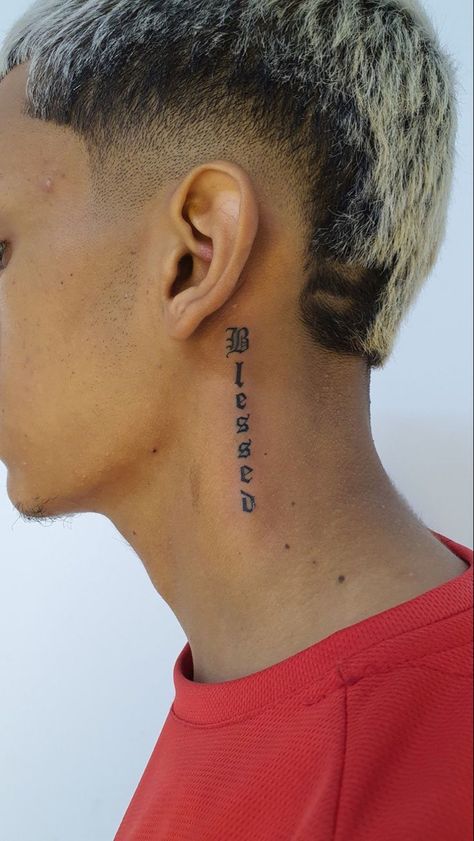 Tatoos Men Neck Small, Neck Word Tattoo Men, Blessed Ear Tattoo, Small Men Neck Tattoos, Side Ear Tattoo For Men, Side Of The Neck Tattoos For Men, Neck Tattoo For Guys Words, Men Neck Tattoo Small, Blessed Tattoo For Men Neck