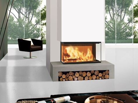 Wood-burning 3-sided fireplace WINDO3 85 by EDILKAMIN 3 Sided Fireplace, Fireplace Modern Design, Design Camino, Contemporary Fireplace Designs, Fireplace Pictures, Fireplace Fronts, Ventless Fireplace, Korat, Glass Fireplace