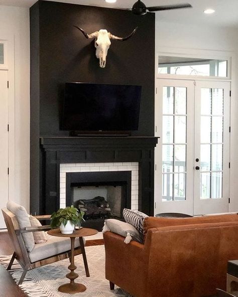 Making a Case for Black Paint - Bless'er House Dark Fireplace, Black Fireplace Wall, Black Fireplace Surround, Sherwin Williams Paint, Black Interior Doors, Paint Fireplace, Black Fireplace, White Fireplace, East Nashville