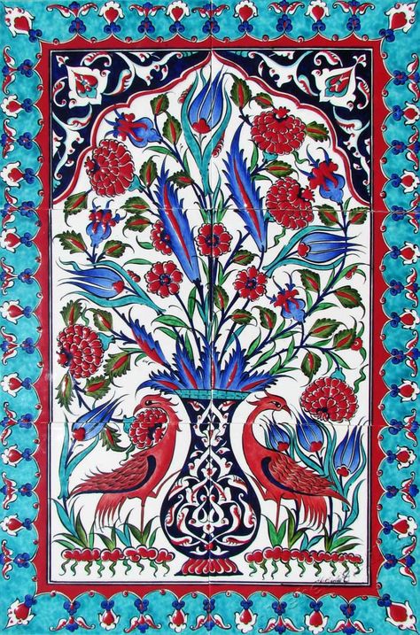 Turkish tile Arabian Art Paintings, Turkish Art Paintings, Turkish Art Pattern, Turkish Motifs Pattern, Ottoman Murals, Turkish Art Motifs, Tile Vase, Turkish Painting Islamic Art, Tiles Art